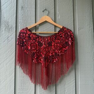 Vintage Beaded Sequin Fringe Capelet Shrug Womens One Size Red Floral Wrap